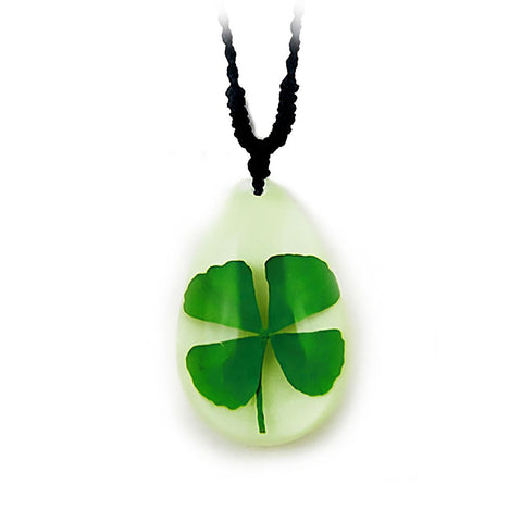 Real 4 Leaf Clover Glow in the Dark Teardrop Necklace in Resin – Real Nature Gifts