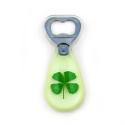 Real 4 Leaf Clover Glow in the Dark Teardrop Magnetic Bottle Opener in Resin – Real Nature Gifts